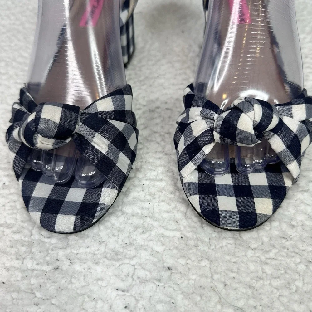 Betsey Johnson Ivee Gingham Bow Block Heel Sandals Navy White Size 7 Ankle Strap - Picture 3 of 10